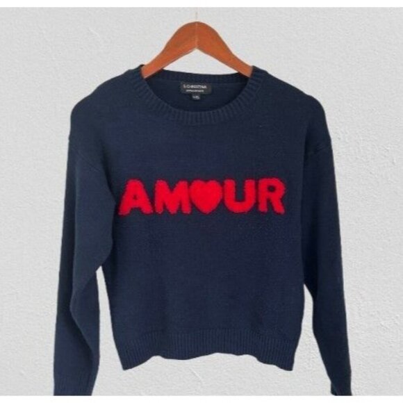 S. CHRISTINA 100% Cashmere Sweater AMOUR Navy Blue Crewneck Size Large - Picture 2 of 7